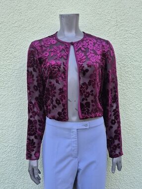 Talbots (USA) Ladies Sheer (1) Button See-thru Jacket in Plum W/Floral Accents